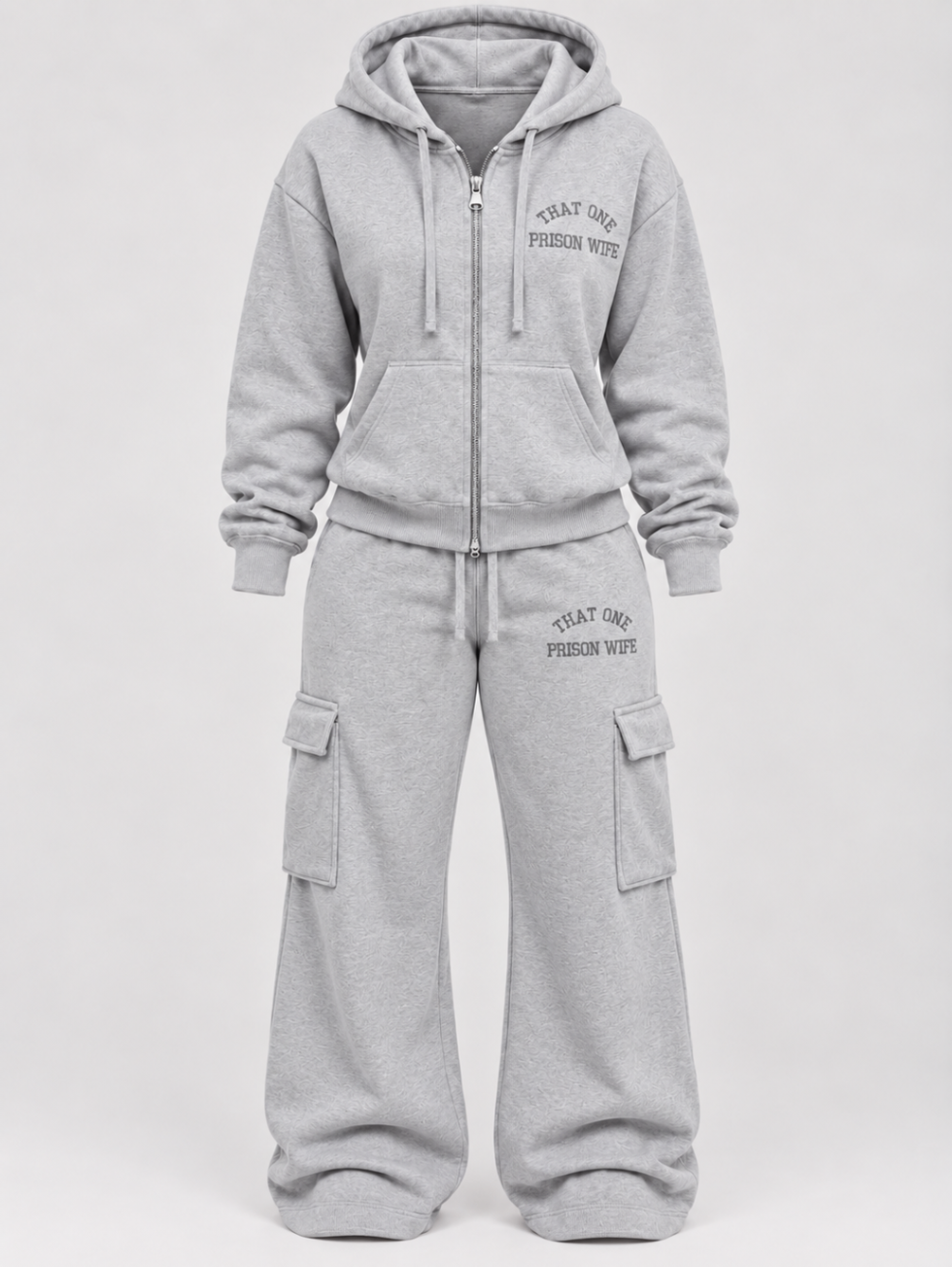 The gray Prison Wife set, front view — zip-up hoodie and cargo sweatpants