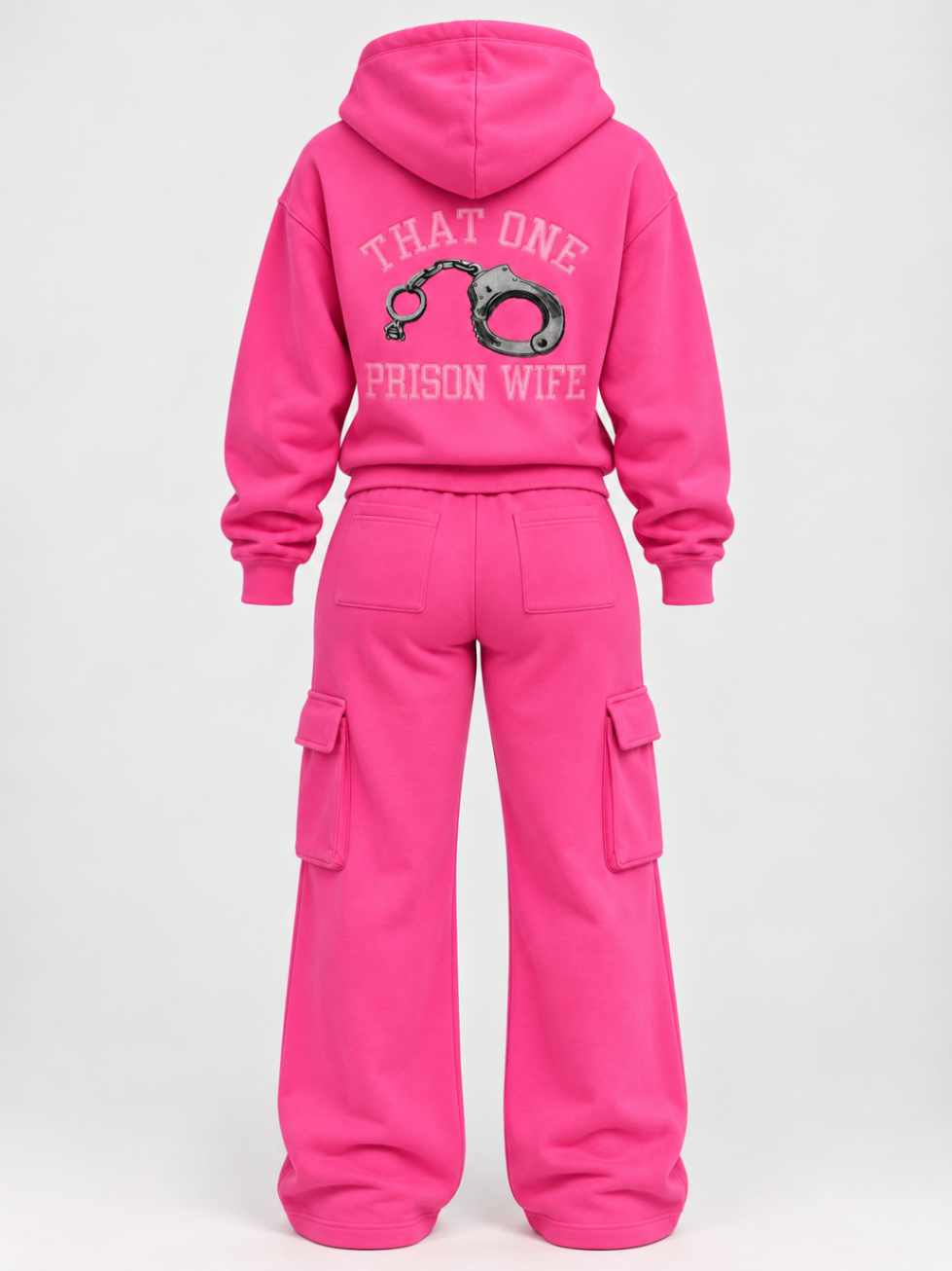 The pink Prison Wife set, back view — zip-up hoodie and cargo sweatpants