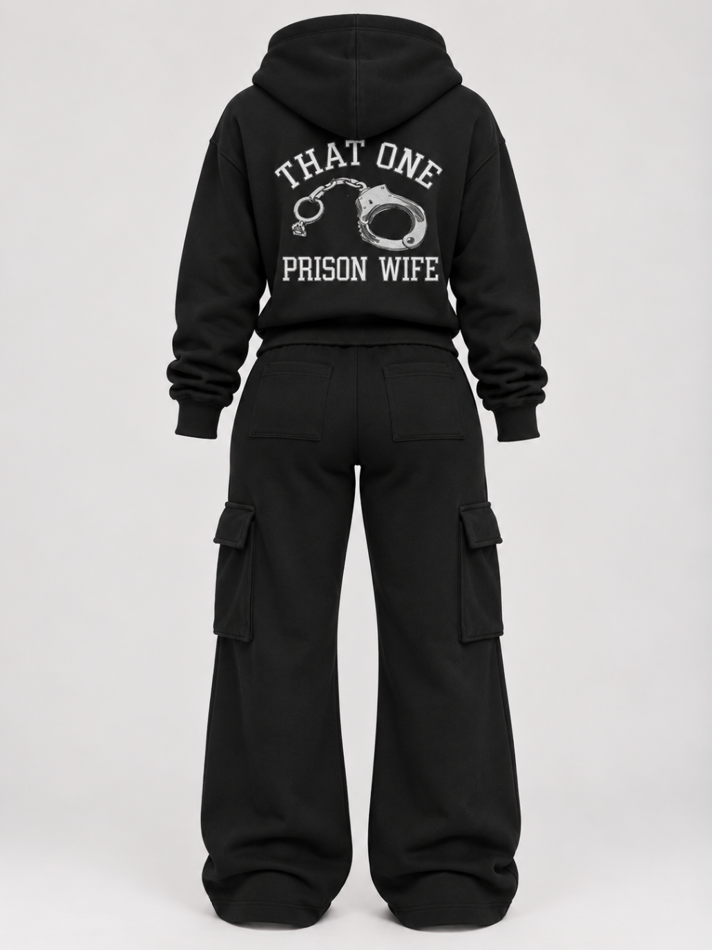 The black Prison Wife set, back view — zip-up hoodie and cargo sweatpants