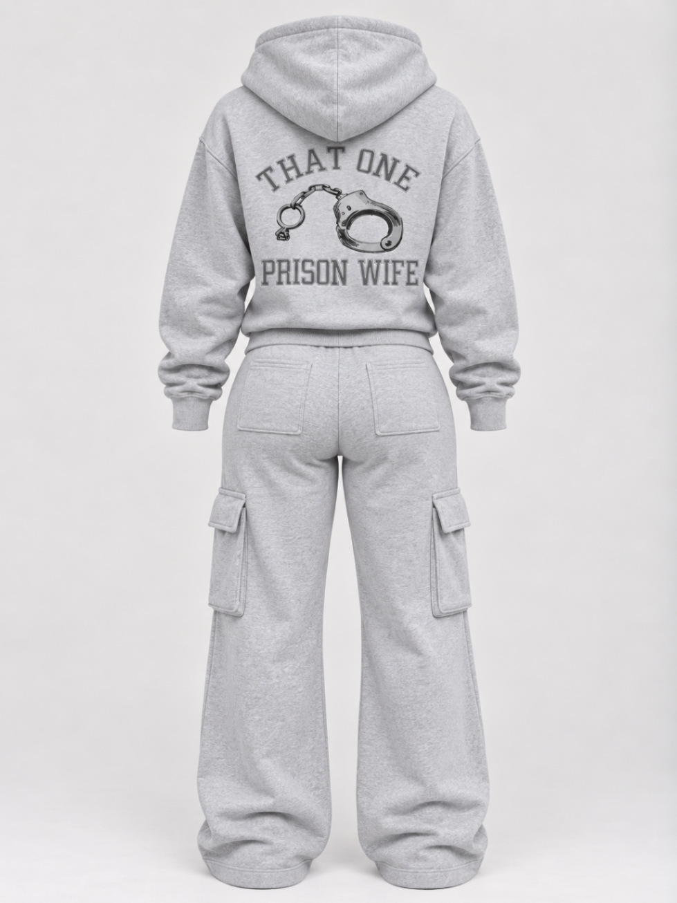 The gray Prison Wife set, back view — zip-up hoodie and cargo sweatpants