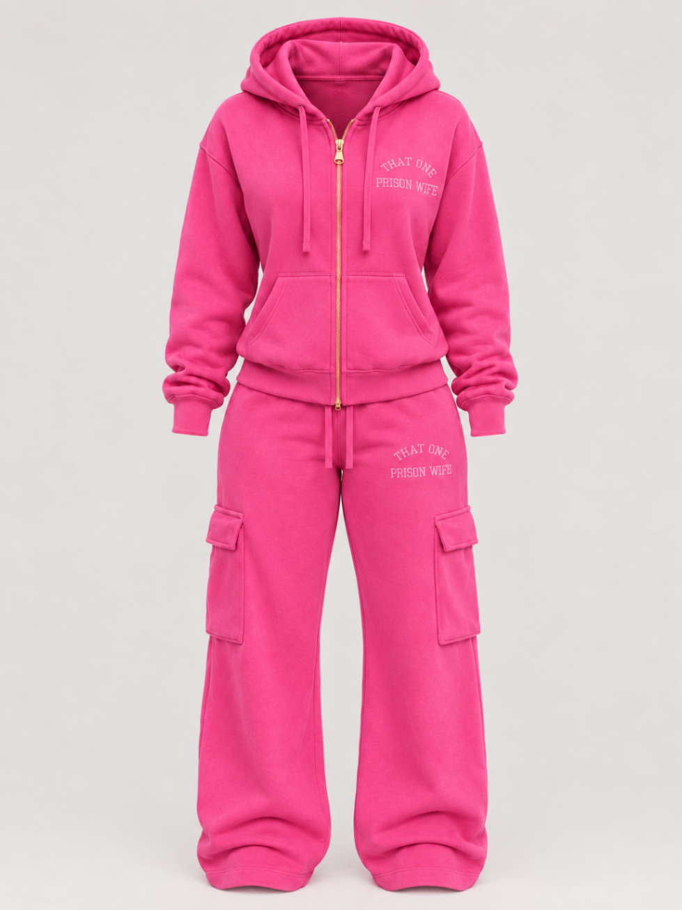 The pink Prison Wife set, front view — zip-up hoodie and cargo sweatpants