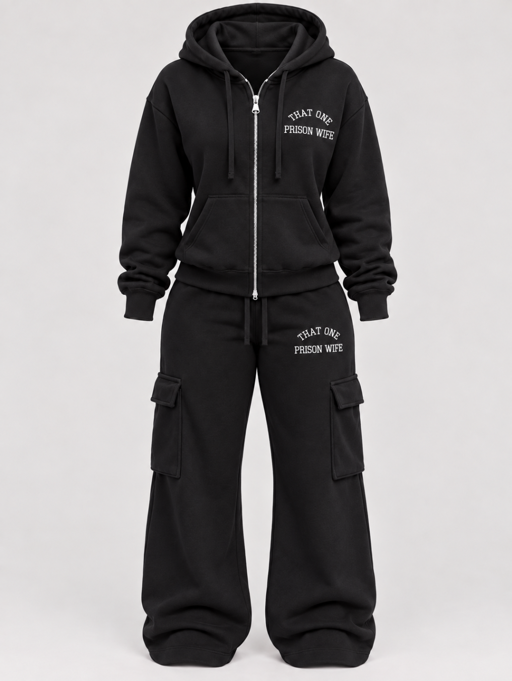 The black Prison Wife set, front view — zip-up hoodie and cargo sweatpants