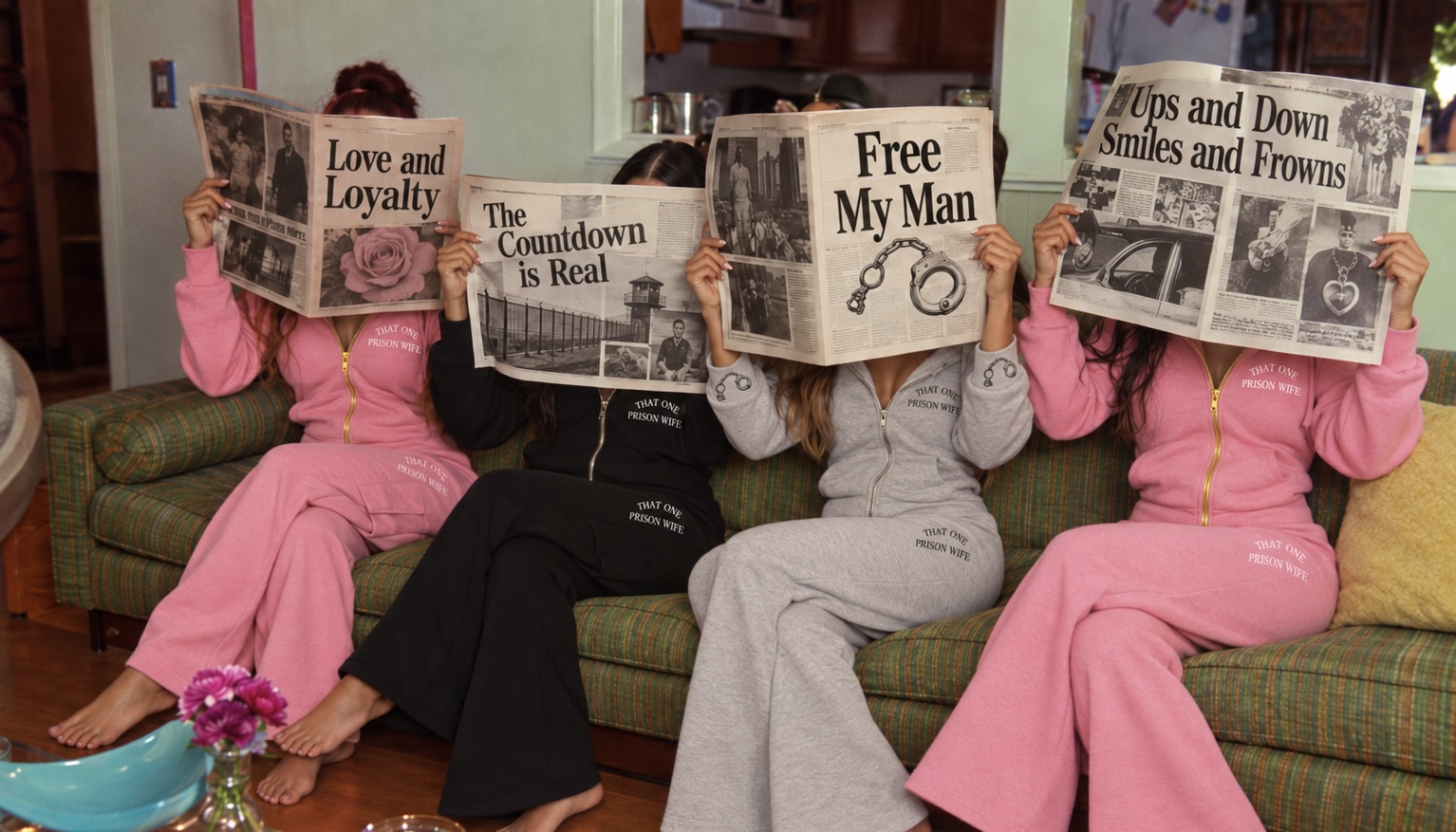 Women in pink, black, and gray That One Prison Wife sets sitting together on a couch reading newspapers